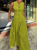 High-waisted Solid Color Sleeveless Zipper Long Dress