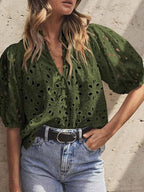V-neck Buttons Hollow Lace Embroidery Shirts
