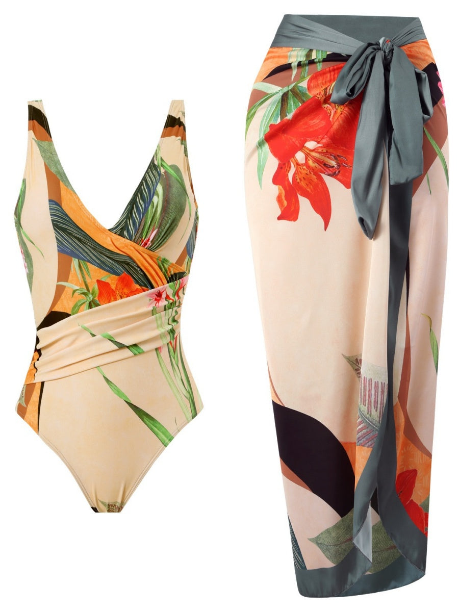 One-piece Swimsuit With Cross-over Print, Revealing Backpack And Hip-revealing Long Skirt (two-piece Set)