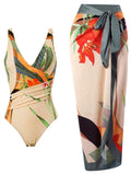 One-piece Swimsuit With Cross-over Print, Revealing Backpack And Hip-revealing Long Skirt (two-piece Set)