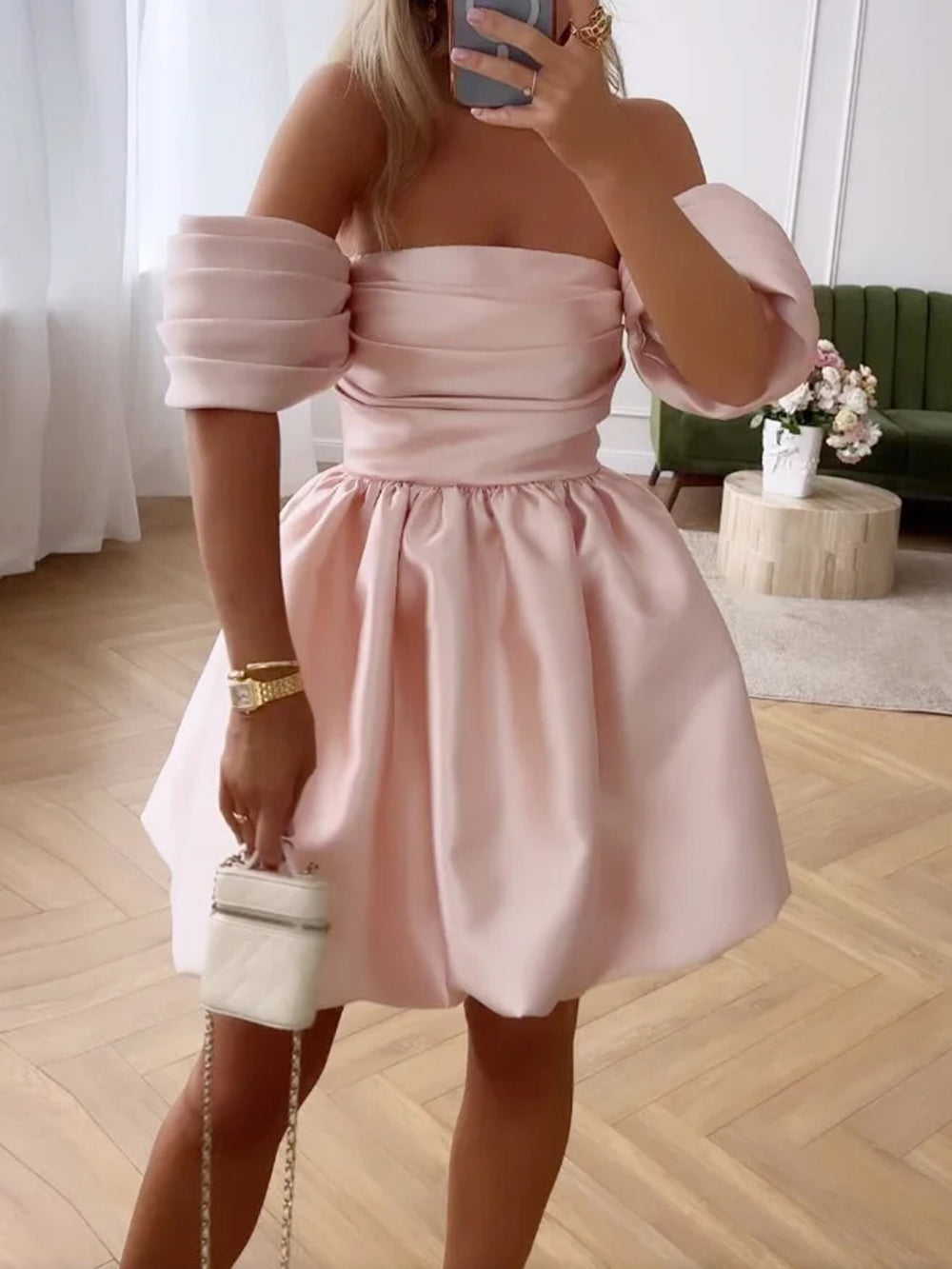 Off Shoulder Ruched Tiered Puff Sleeve Bubble Hem Satin Mini Dress