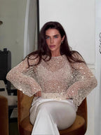 Sequined Cutout Long-sleeved Pullover See-through Top