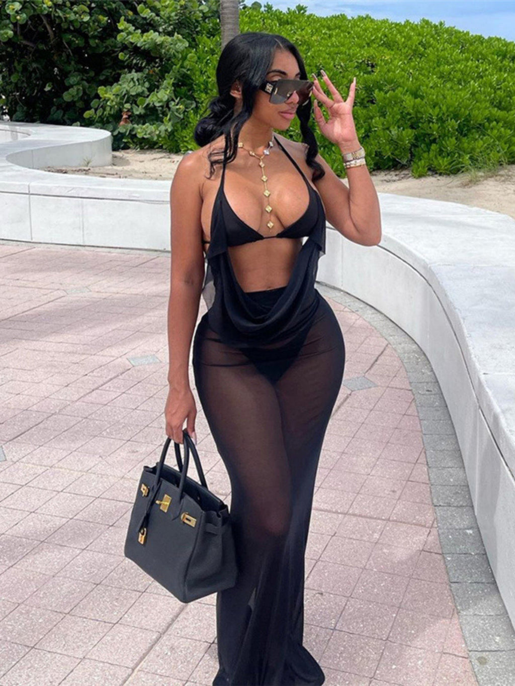 Hollow Out Mesh Splicing Perspective Halter Neck And Backless Maxi Dresses