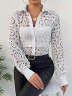Long-sleeved Lace V-neck Sheer Top
