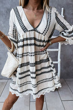 V-Neck Bell Sleeve Crochet Lace Trim Geometric Print Boho Mini Dress