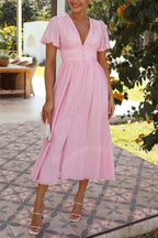 Plisse Texture Puff Sleeve Ruched Waist Button Front Maxi Dress