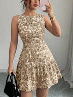 Bohemian Style French Elegance Floral Print Sleeveless Belted Short Dress