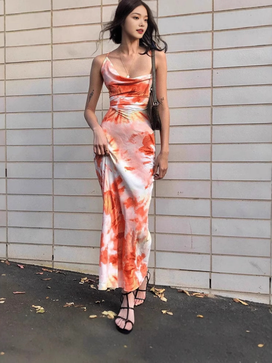 Printed Tie-dye Backless Bandage Maxi Dresses