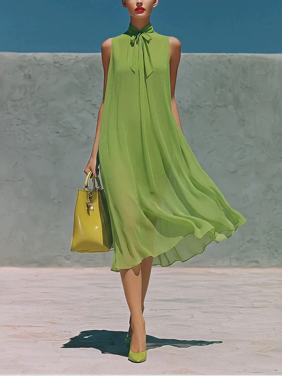 Sleeveless Chiffon Stand-up Collar Tie-up Long Dress
