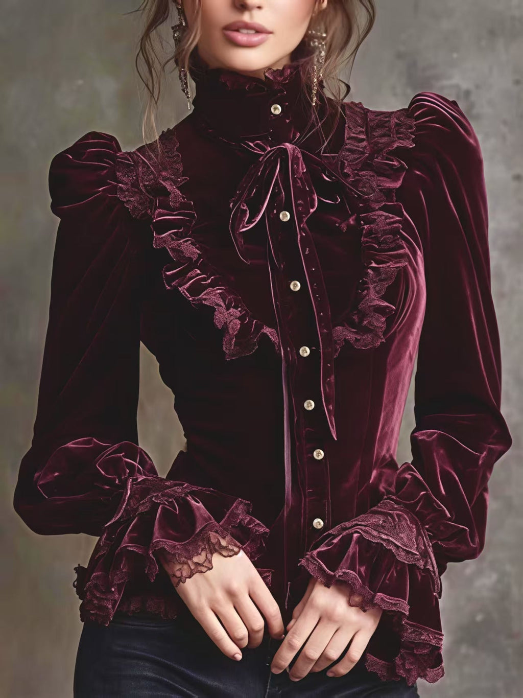 Velvet Lace Stitching Long Sleeve Turtleneck Shirts