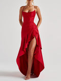 Spaghetti Strap Backless Ruffled Irregular Long Dress