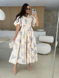 V-neck Puff Sleeve Printed Bandage Large Skirt Vacation And Leisure Maxi Dresses