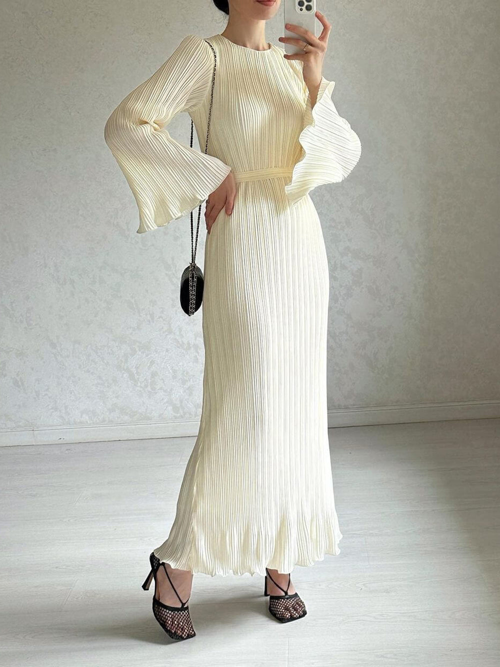Pleated Bell Sleeve Round Neck Smocked Waist Maxi Dress