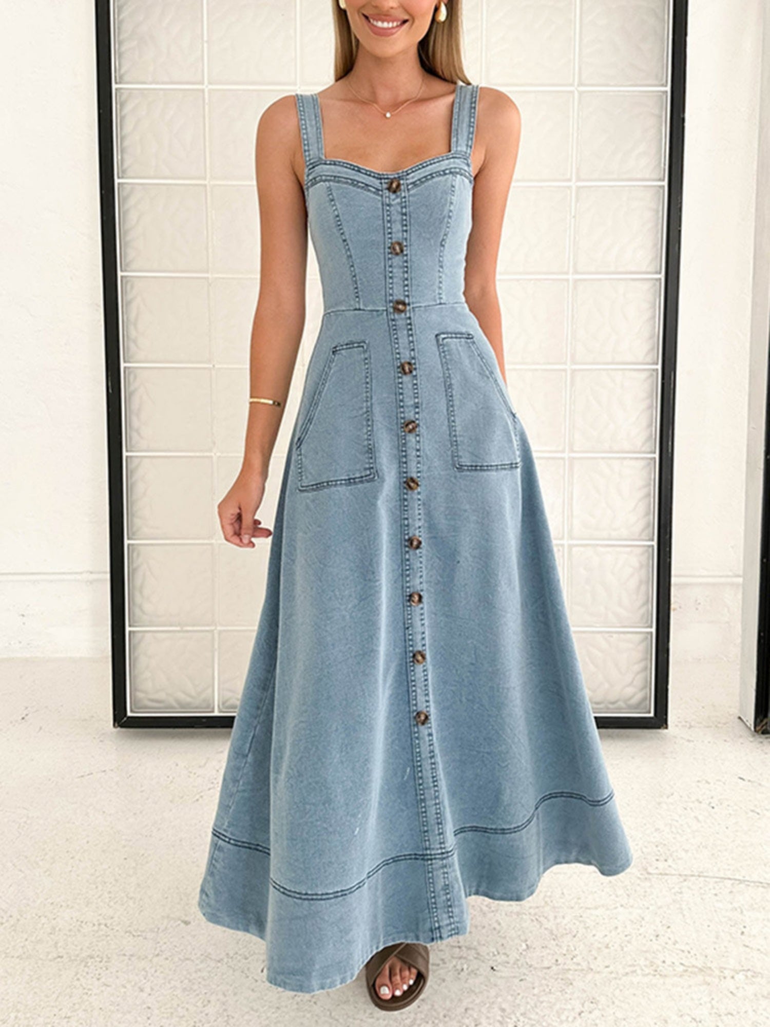 Denim Pocket Buttons Camisoles Maxi Dresses