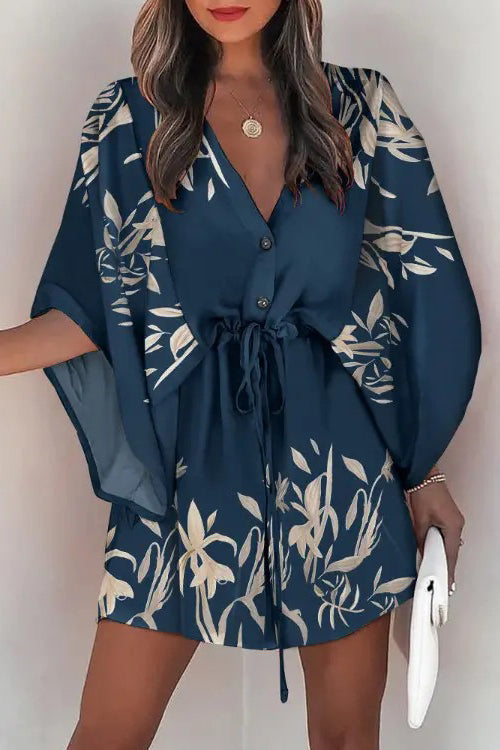 Deep V Neck Button Front Kimono Sleeve Drawstring Botanical Print Mini Dress