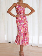 Sloping Shoulders Printed Temperament Fishtail Midi Dresses