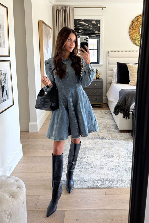 Denim Puff Shoulder Paneled Fit and Flare Mini Dress