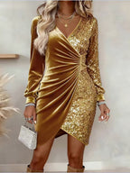 V-neck Sequin Velvet Splicing Slim Fit Mini&Short Dresses
