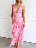 Floral Print Slim Fit Ruffled Spaghetti Strap Maxi Dress