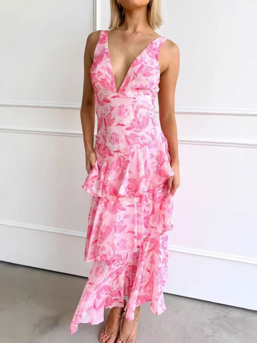 Floral Print Slim Fit Ruffled Spaghetti Strap Maxi Dress