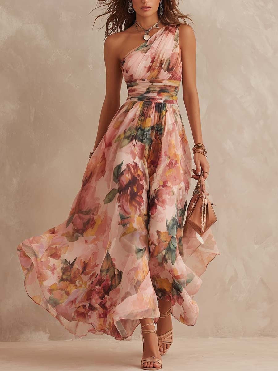 Off-shoulder Sleeveless Floral Print Maxi Dresses