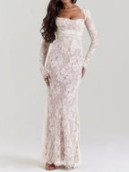 Square Neck Floral Lace Ruched Draped Bolero Sleeve Maxi Gown