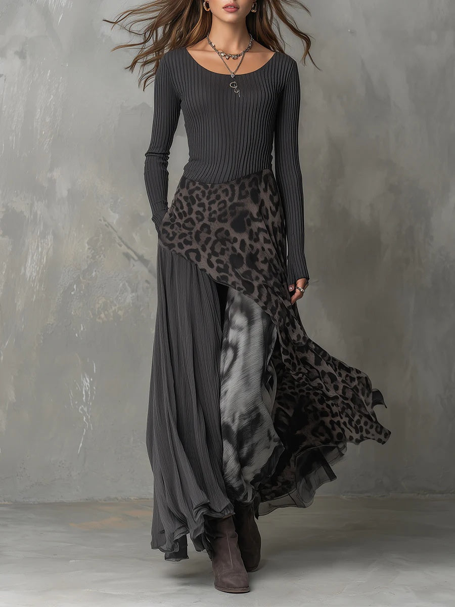 Black Long-sleeved Printed Irregular Design Round Neck Long Dress