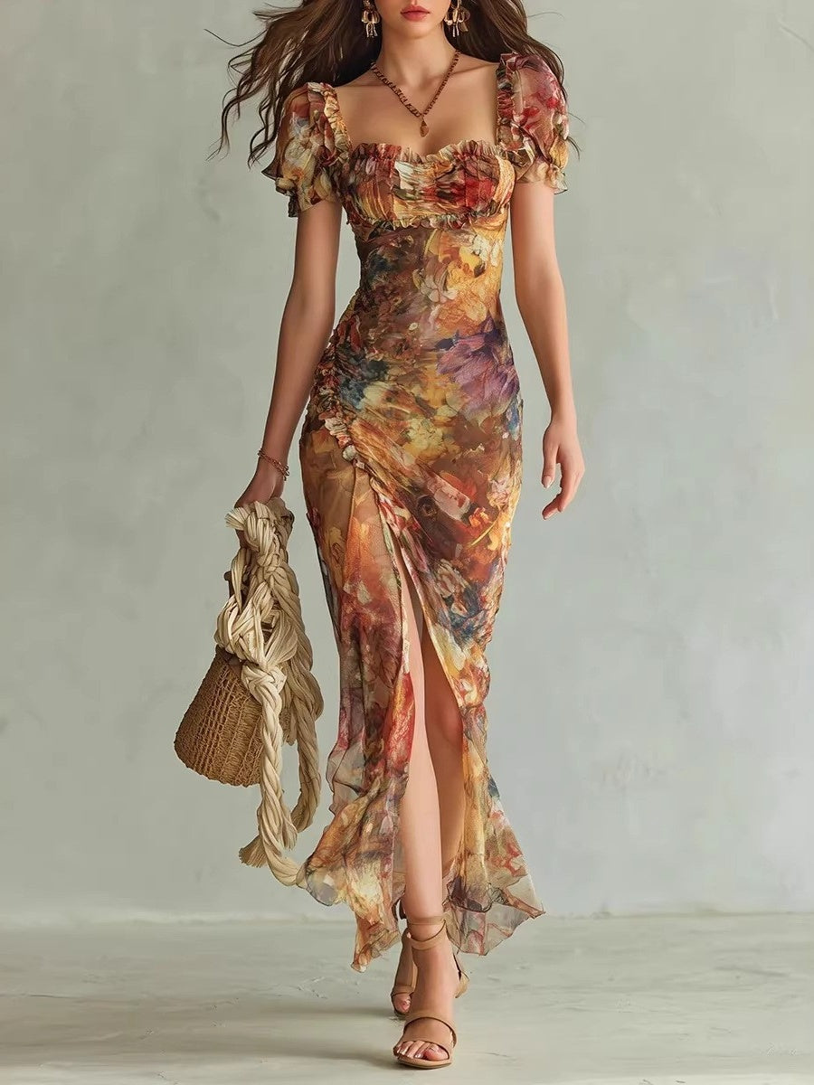 Floral V-neck Fitted Waist Ruffled Long Dress