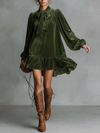 Velvet Bow Long-sleeved Short Dress