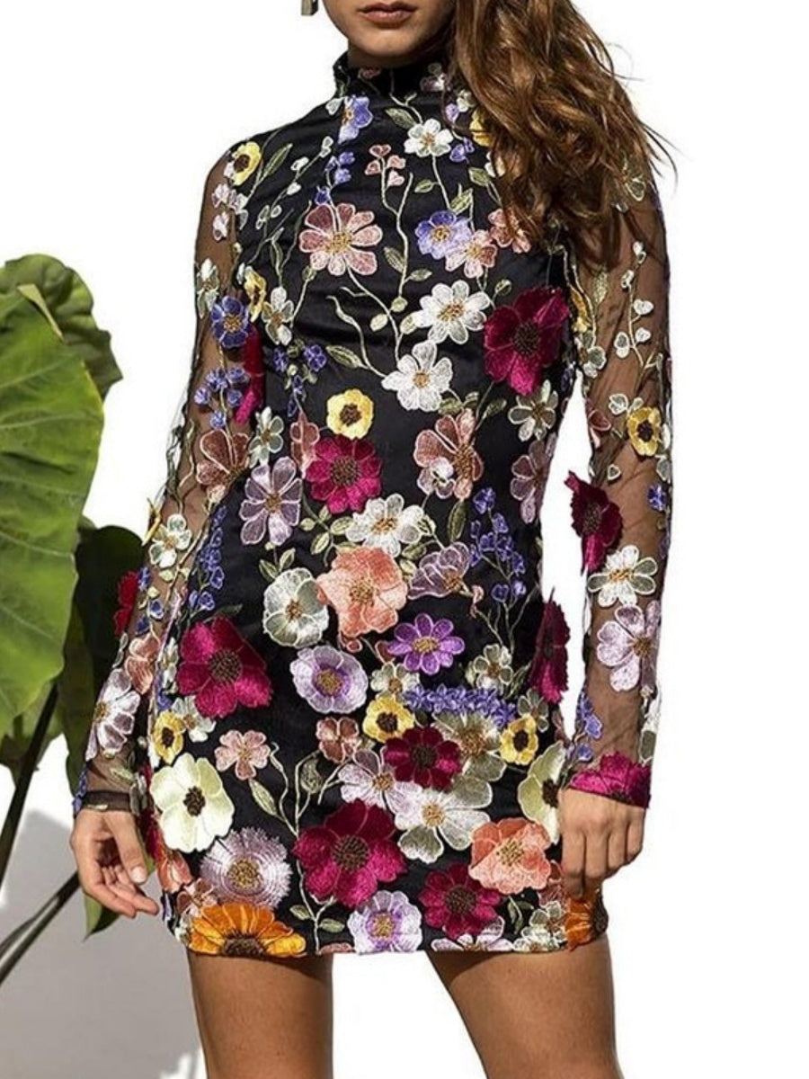 3D Floral Mesh Lace Embroidery Bodycon Slimming Sexy Dress