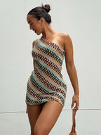 Striped Color Blocking Asymmetrical Neckline And Sleeveless Mini&Short Dresses