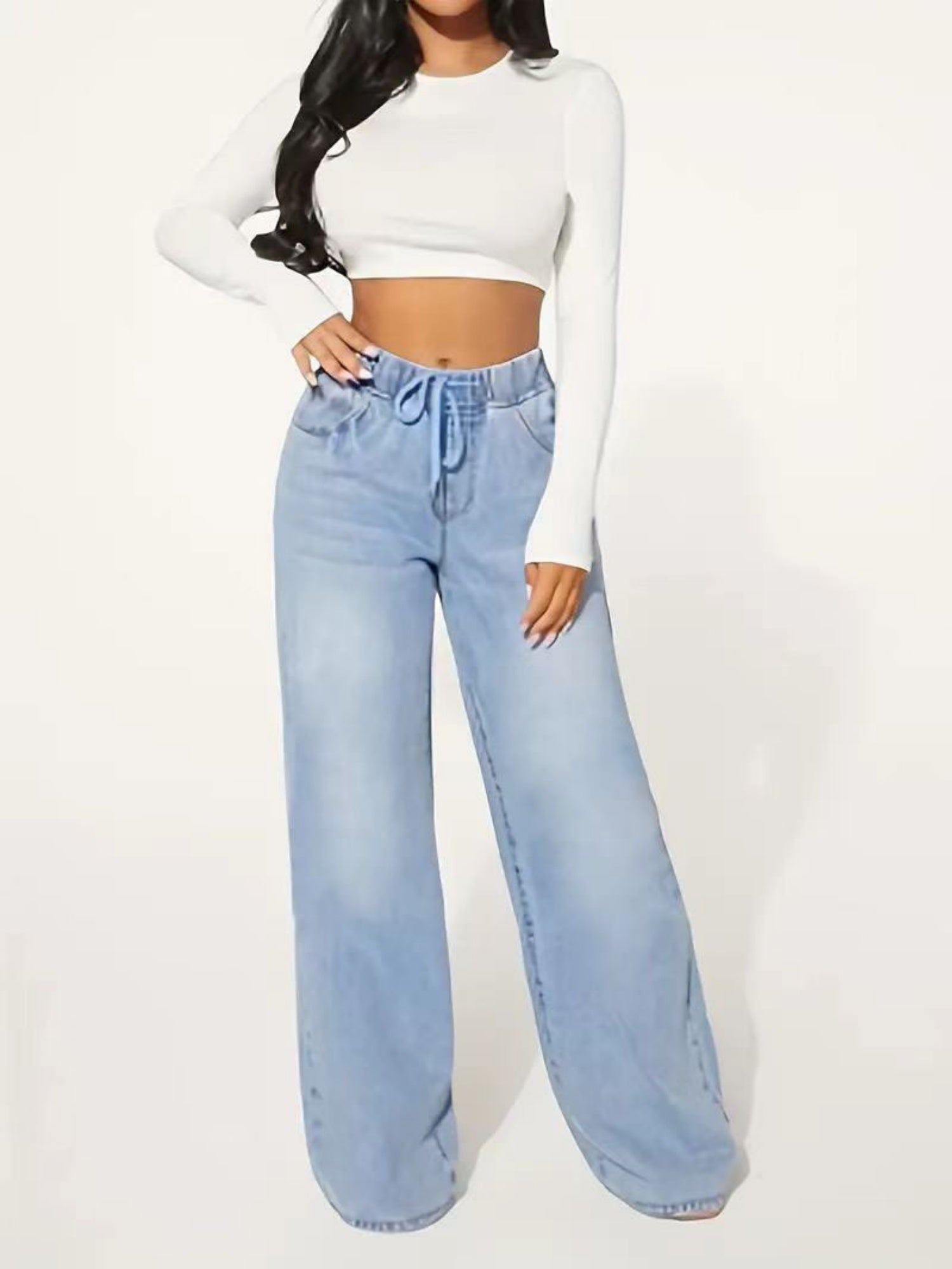 High-waisted Drawstring Loose Wide-leg Jeans