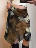 Floral Print Mesh Splicing Irregular Hem Short Skirt
