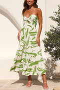 Strapless Twist Front Abstract Print Tiered Midi Dress