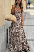 Halter Backless Leopard Ruffle Swing Maxi Dress