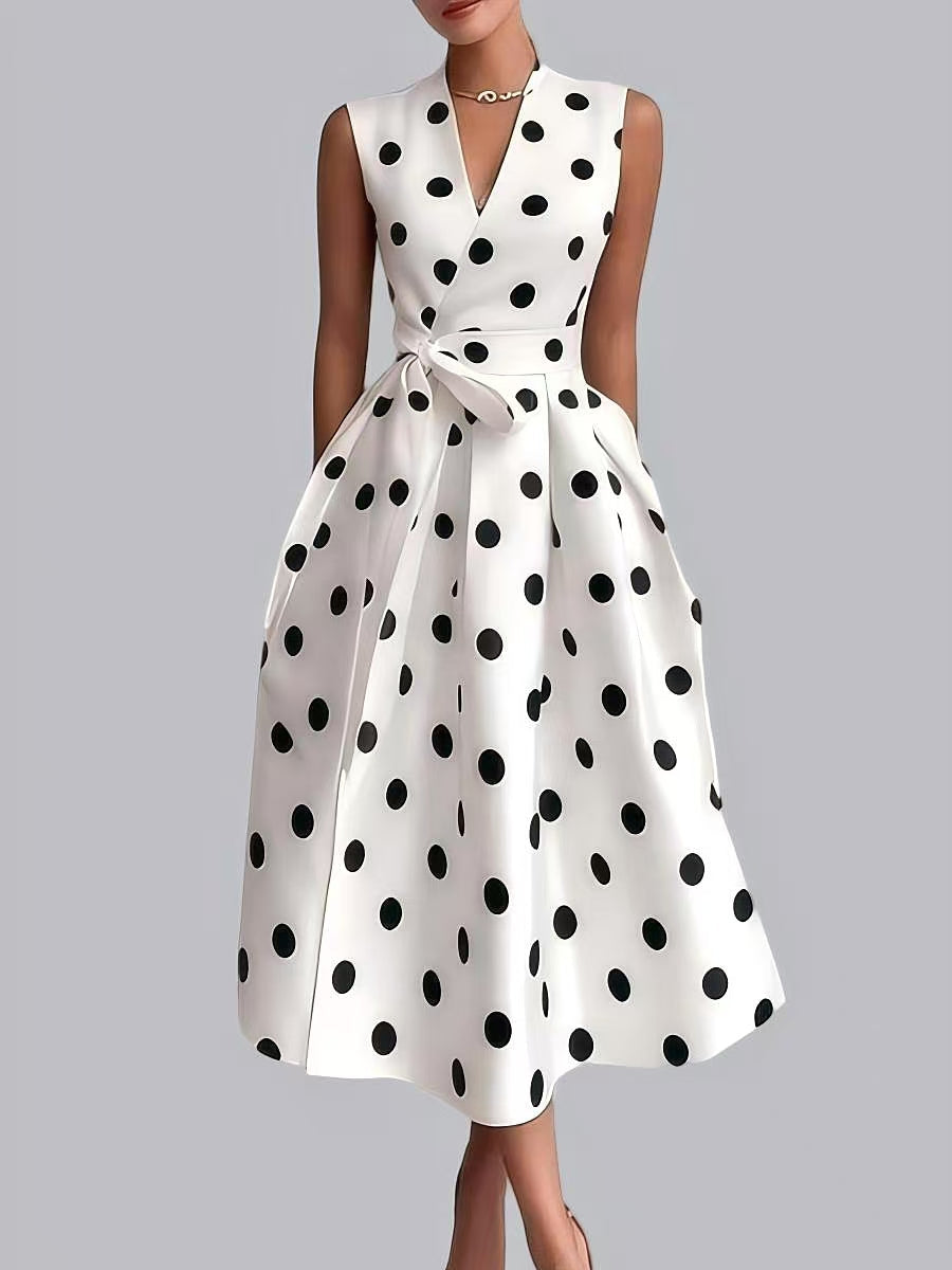 Polka Dots Sleeveless Waist Midi Dresses