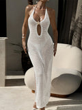 V-neck Fitted Waist Backless Knit Dress With Halter Neck Tie, Star And Metal Embellishments, Cutout Side Slit, Bodycon Beachwear.