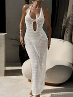 V-neck Fitted Waist Backless Knit Dress With Halter Neck Tie, Star And Metal Embellishments, Cutout Side Slit, Bodycon Beachwear.