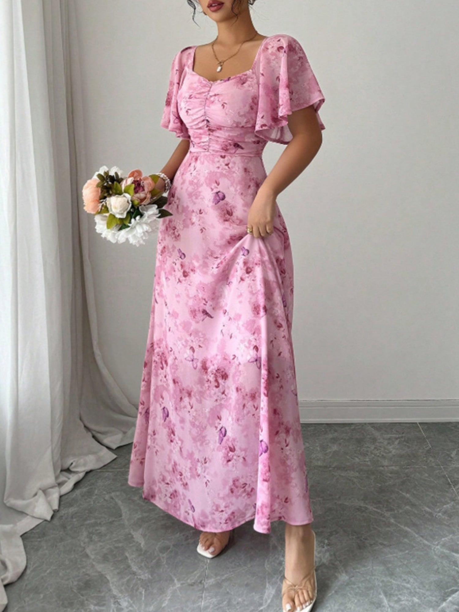 Butterfly Print Lotus Leaf Sleeves Pleated Slim Fit Maxi Dresses