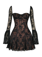 Floral Lace Square Neck Tie Front Bell Sleeve Corset Bodice Mini Dress
