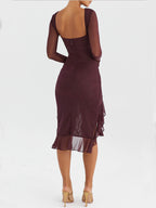 Boat Neck Mesh Sleeve Horizontal Ruched High Low Ruffle Hem Midi Dress