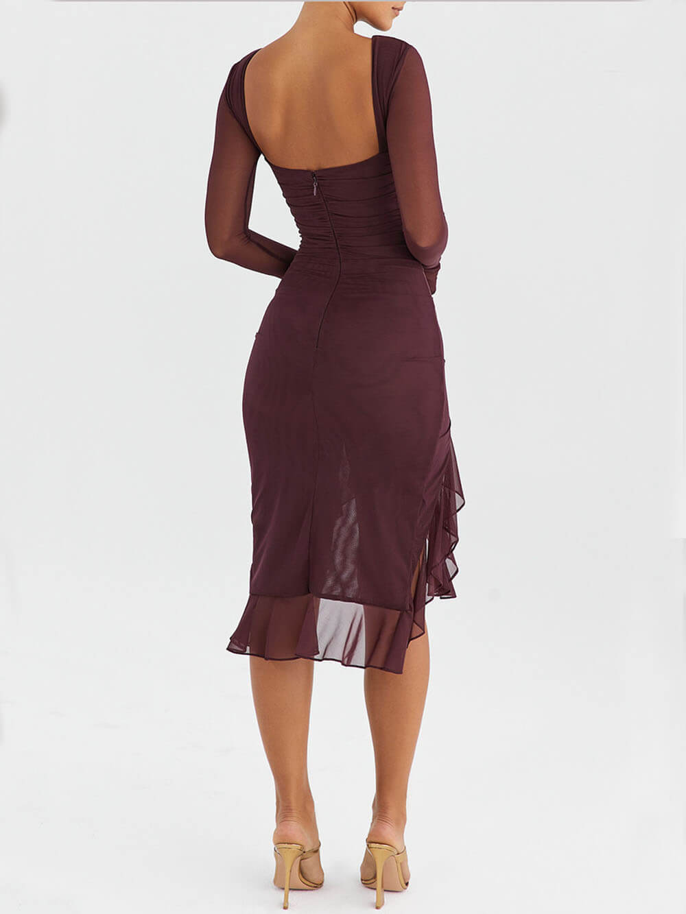 Boat Neck Mesh Sleeve Horizontal Ruched High Low Ruffle Hem Midi Dress