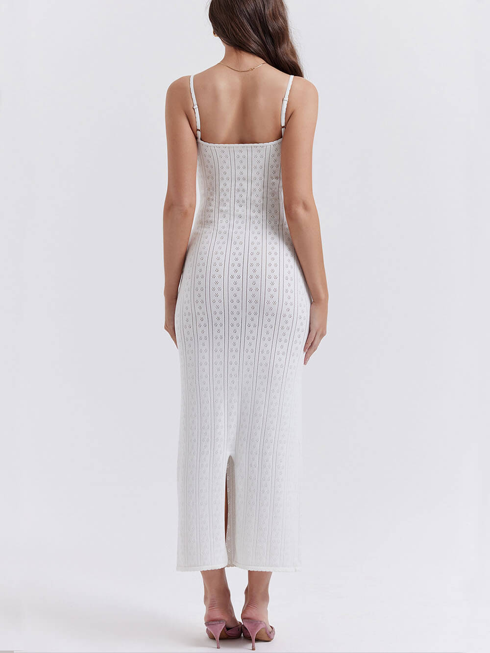 Pointelle Knit Spaghetti Strap Tie Front Ribbed Bodice Maxi Dress
