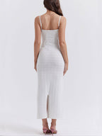 Pointelle Knit Spaghetti Strap Tie Front Ribbed Bodice Maxi Dress
