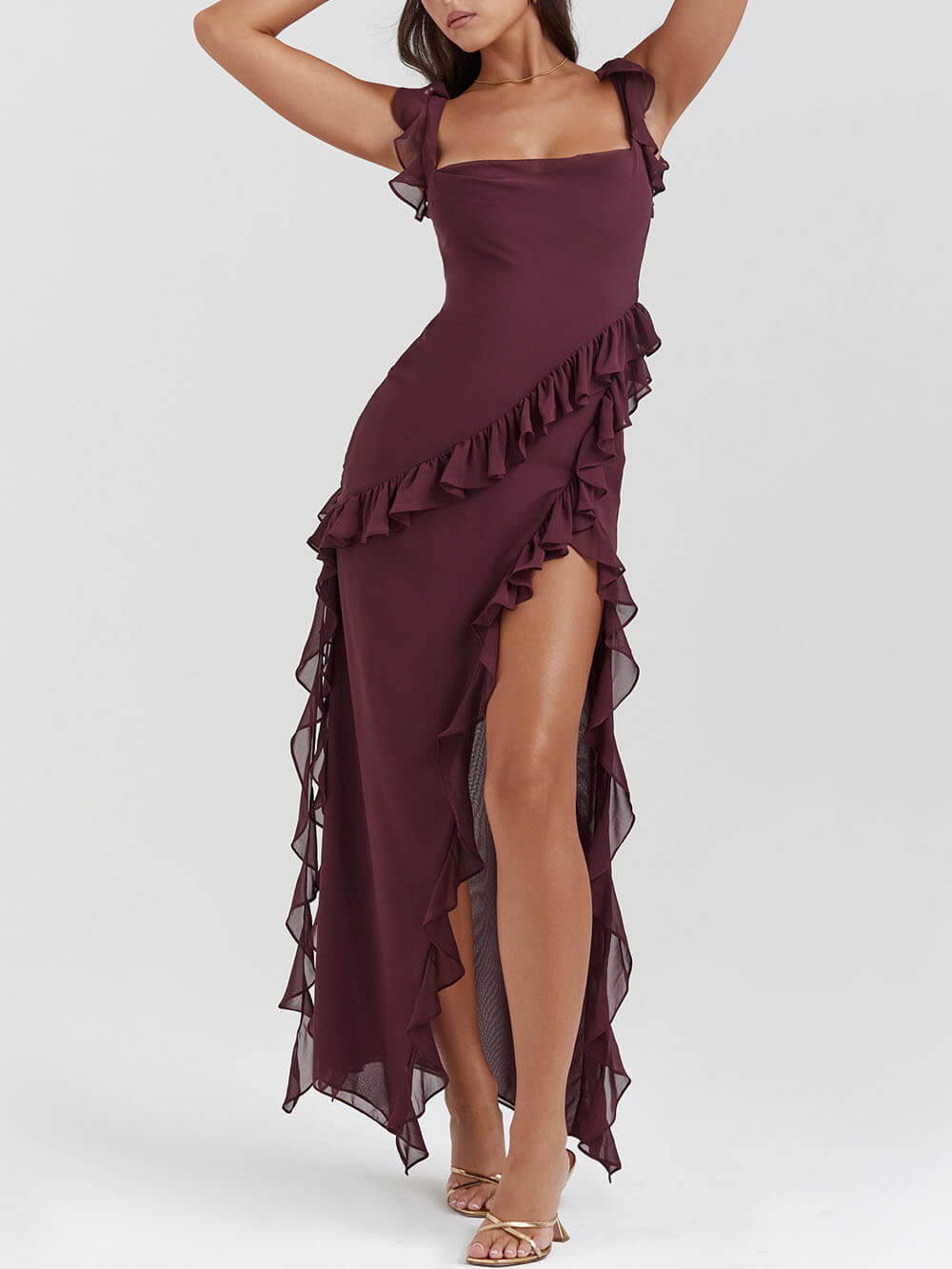 Square Neck Ruffled Strap Diagonal Ruffle Trim High Slit Maxi Dress