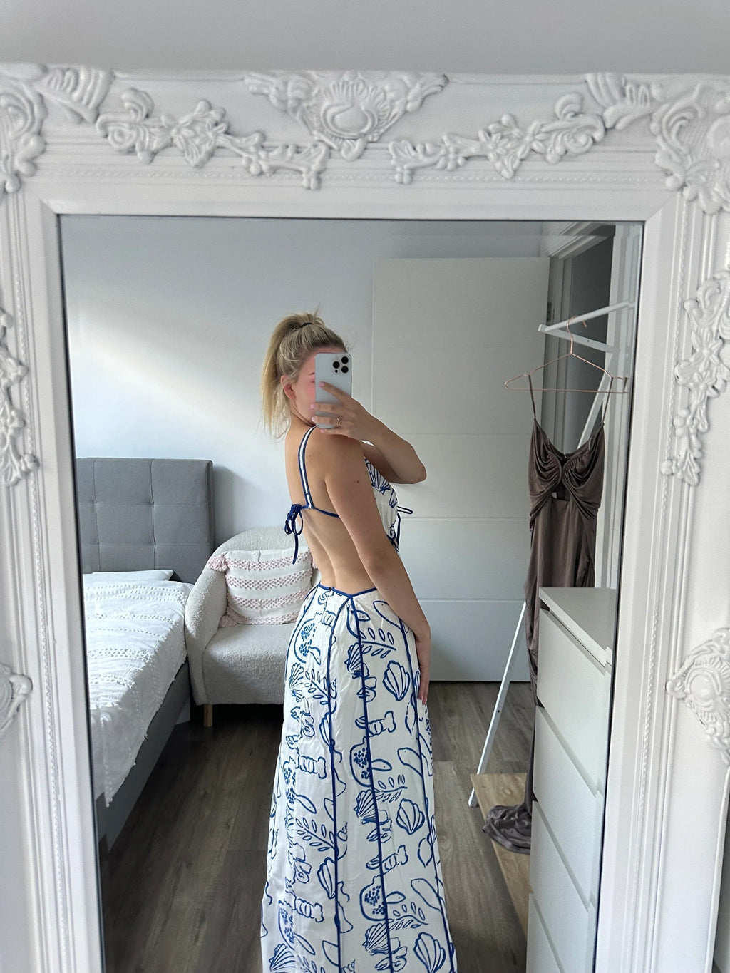 Nautical Print Tie Front Cut Out Side Panel Maxi Dress