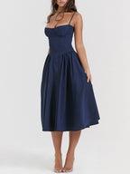 Sweetheart Neck Spaghetti Strap Corset Bodice Basque Waist Pleated Midi Dress