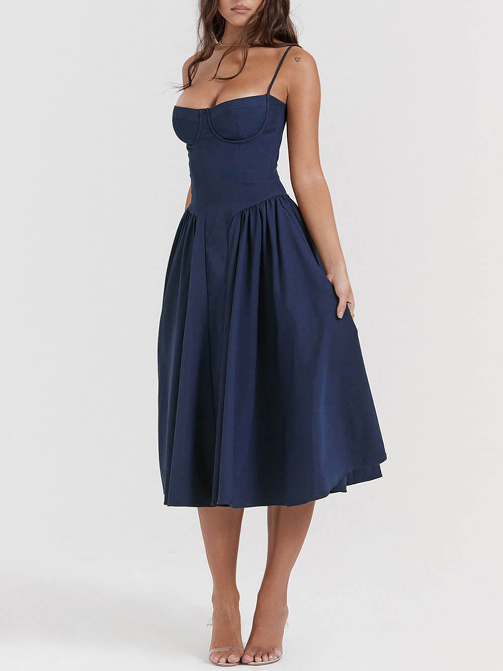 Sweetheart Neck Spaghetti Strap Corset Bodice Basque Waist Pleated Midi Dress
