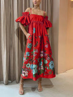 Marigold Printed Gathered Sleeve Pocketed A - Line Midi Dress
