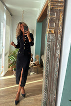 Denim Button Front Patch Pocket Center Slit Long Sleeve Midi Dress